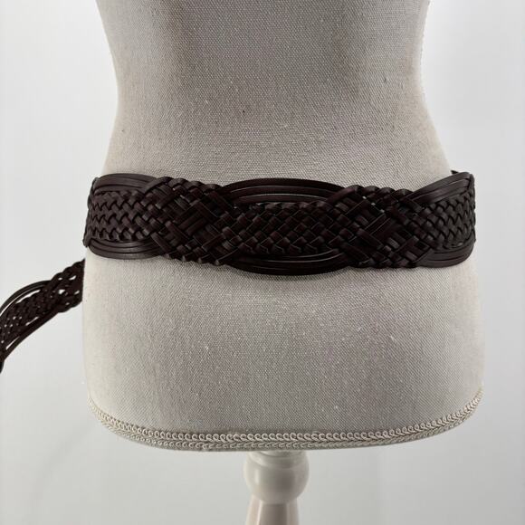 Womens Plus Sz 2XL Brown Leather Weaved Belt Wide Boho Casual - Picture 5 of 11